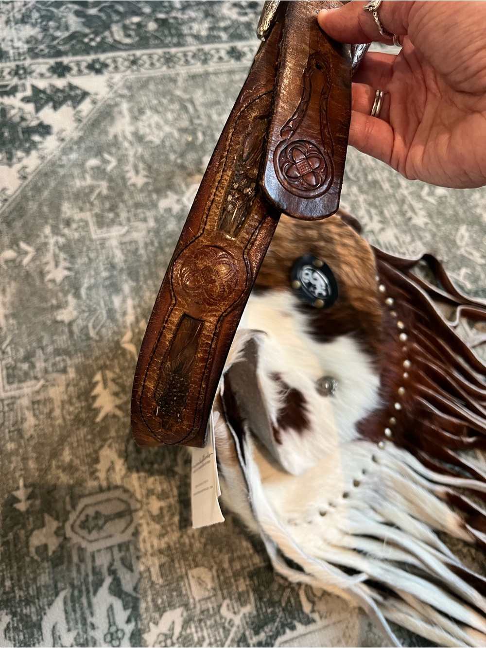 Fringed Cowhide Crossbody Bag in Brown and White - Picture 6 of 8